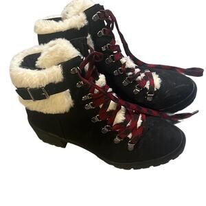 Black and red suede ankle